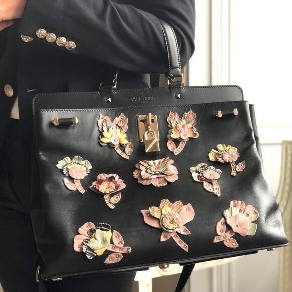 Valentino Joylock Black Leather Floral Applique Rockstud Satchel Shoulder Bag - Picture 15 of 16